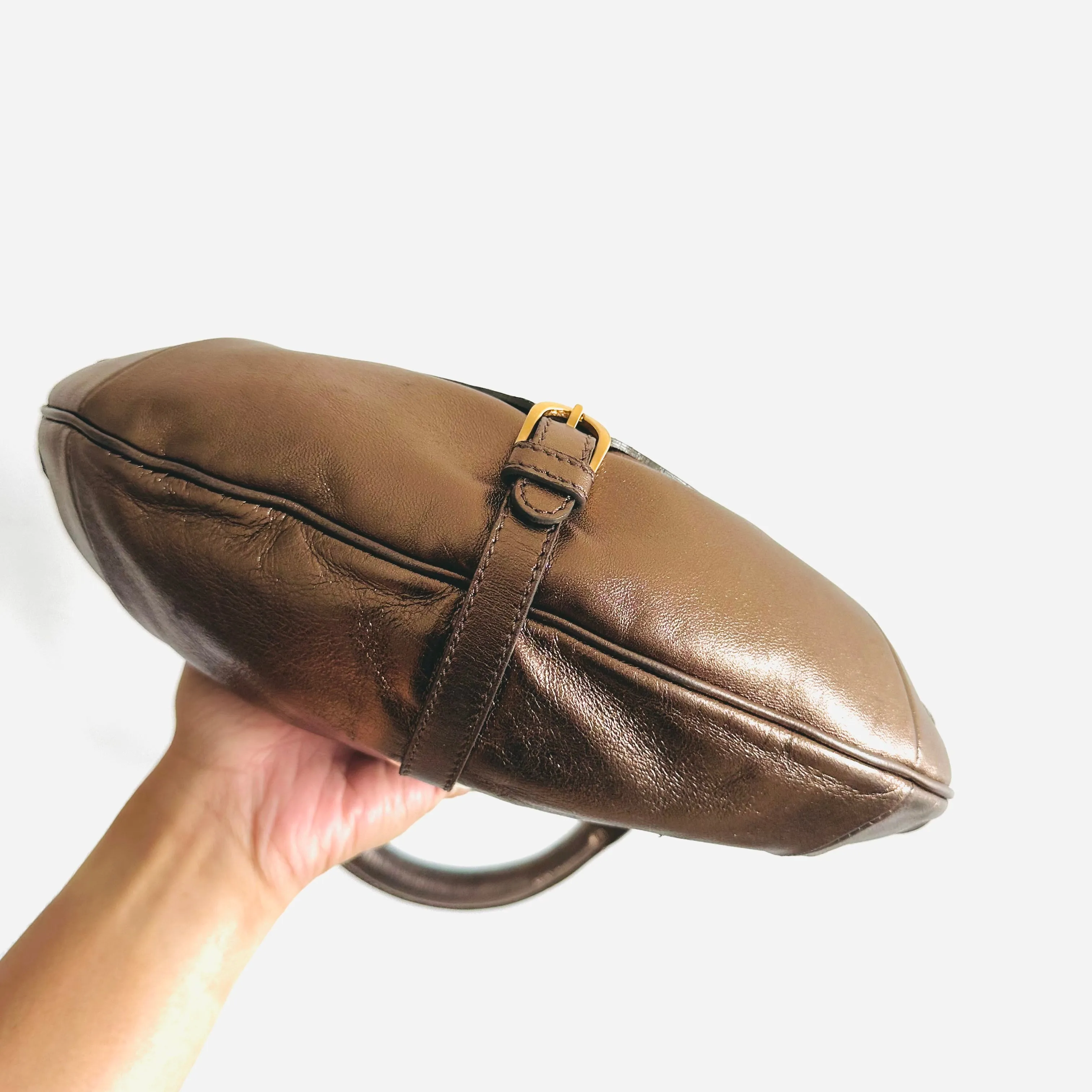 Jimmy Choo Tulita Metallic Brown GHW Leather Hobo Baguette Shoulder Bag