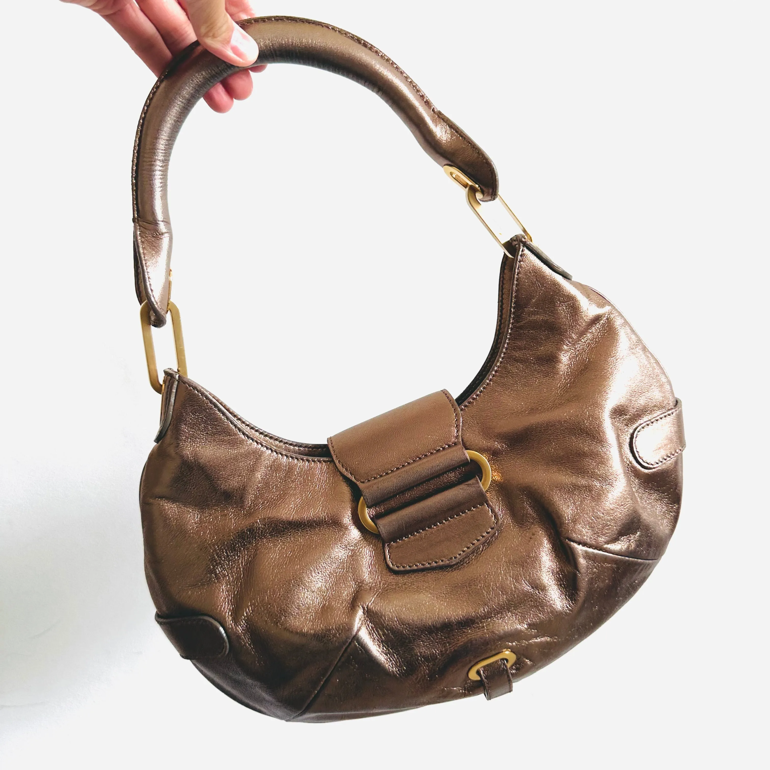 Jimmy Choo Tulita Metallic Brown GHW Leather Hobo Baguette Shoulder Bag