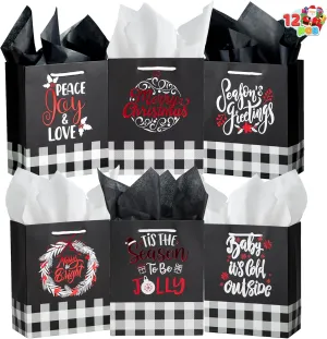 JOYIN 12 PCS Plaid present Bags With Handles and Red Metallic Foil Details for Wrapping Gift Supplies, Xmas Goody Treat Candy Bags
