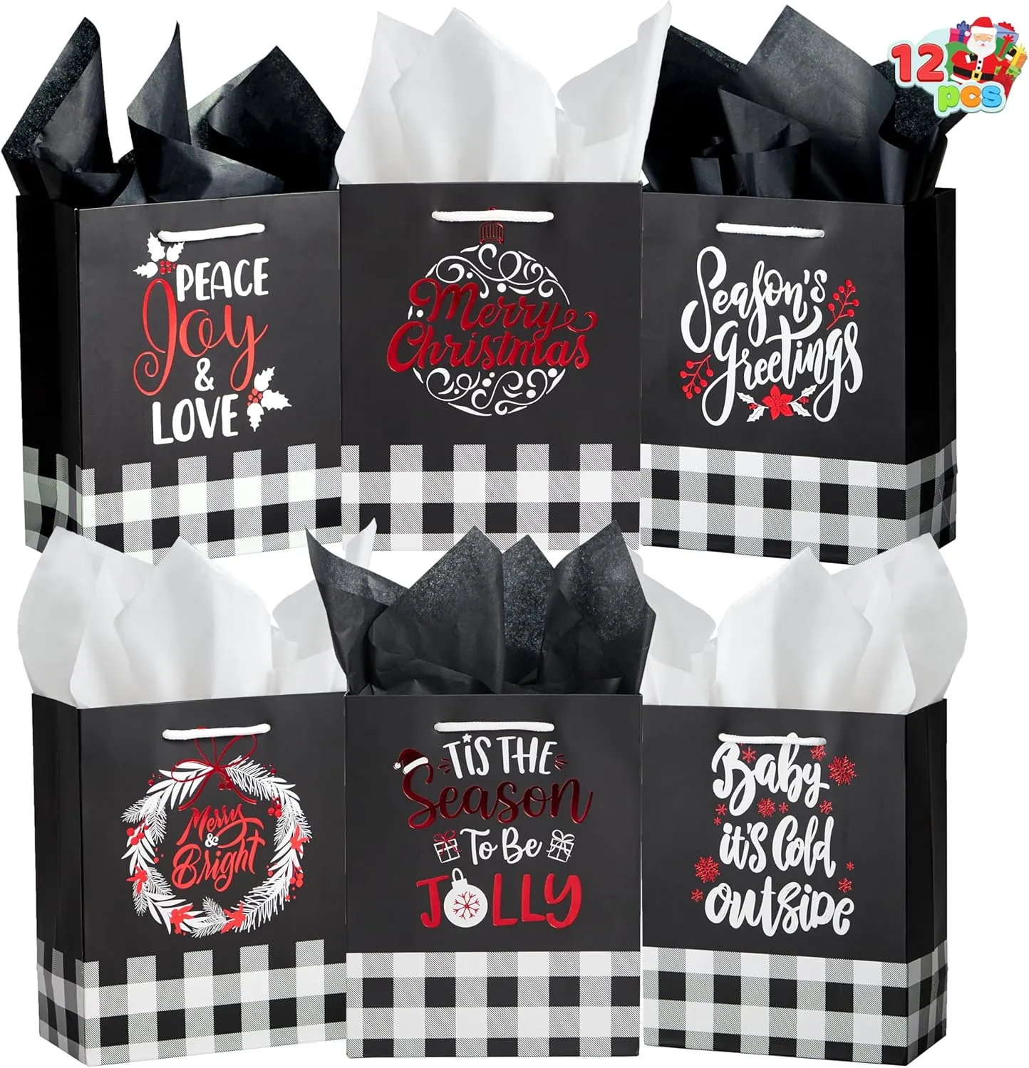 JOYIN 12 PCS Plaid present Bags With Handles and Red Metallic Foil Details for Wrapping Gift Supplies, Xmas Goody Treat Candy Bags