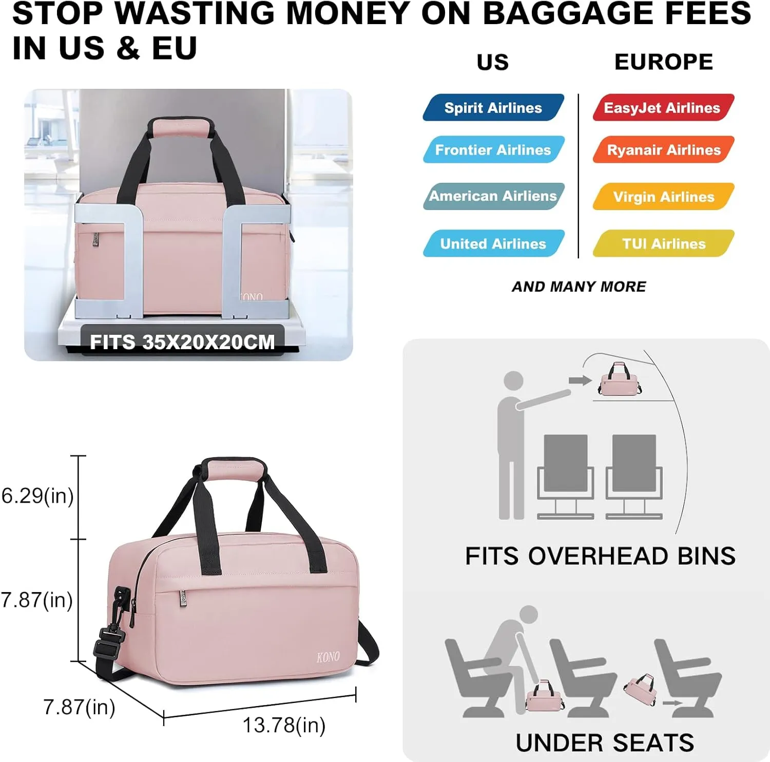 Kono Travel Duffel Bag 14L Under Seat Carry-on Bag Sports Tote Gym Bag Weekender Overnight Bags 13.78"x7.87"x7.87" Pink