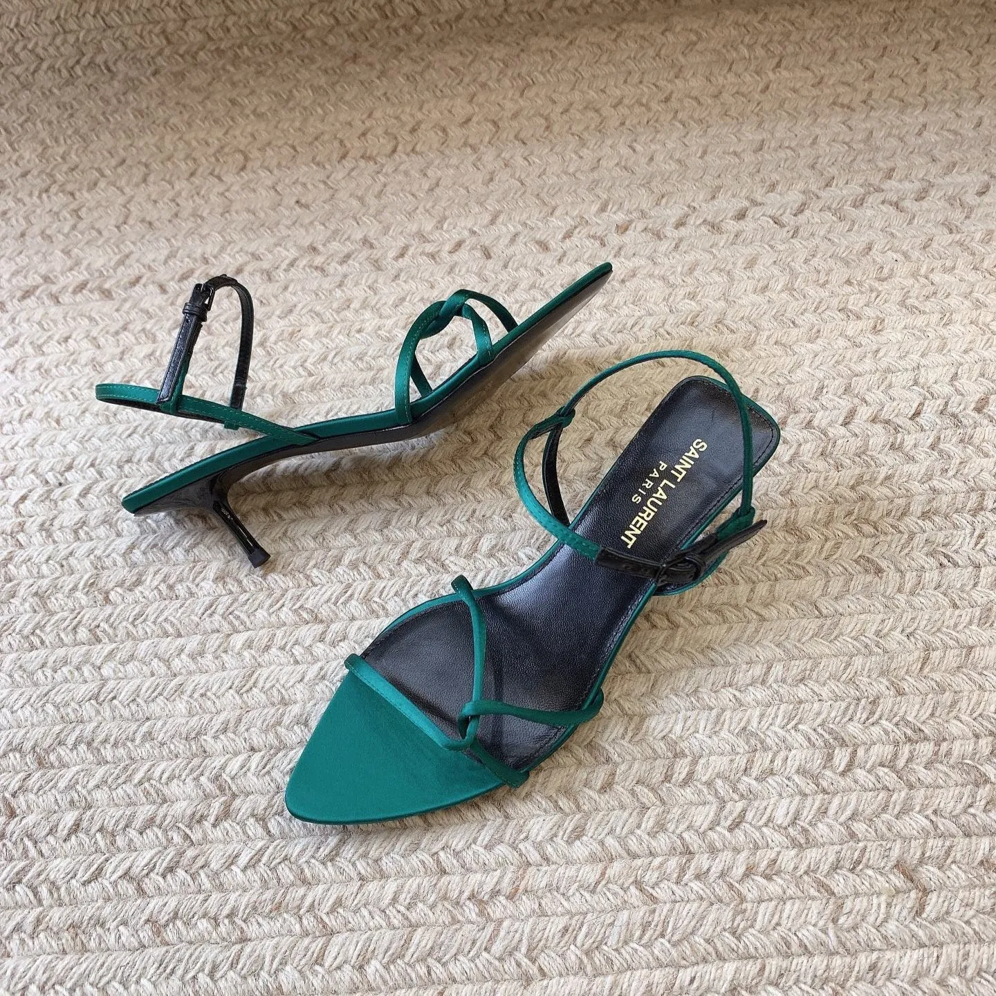 Laurent STRAPPY IN SANDALS Superior-grade TEAL MID HEEL Saint Safe payments GREEN SILK