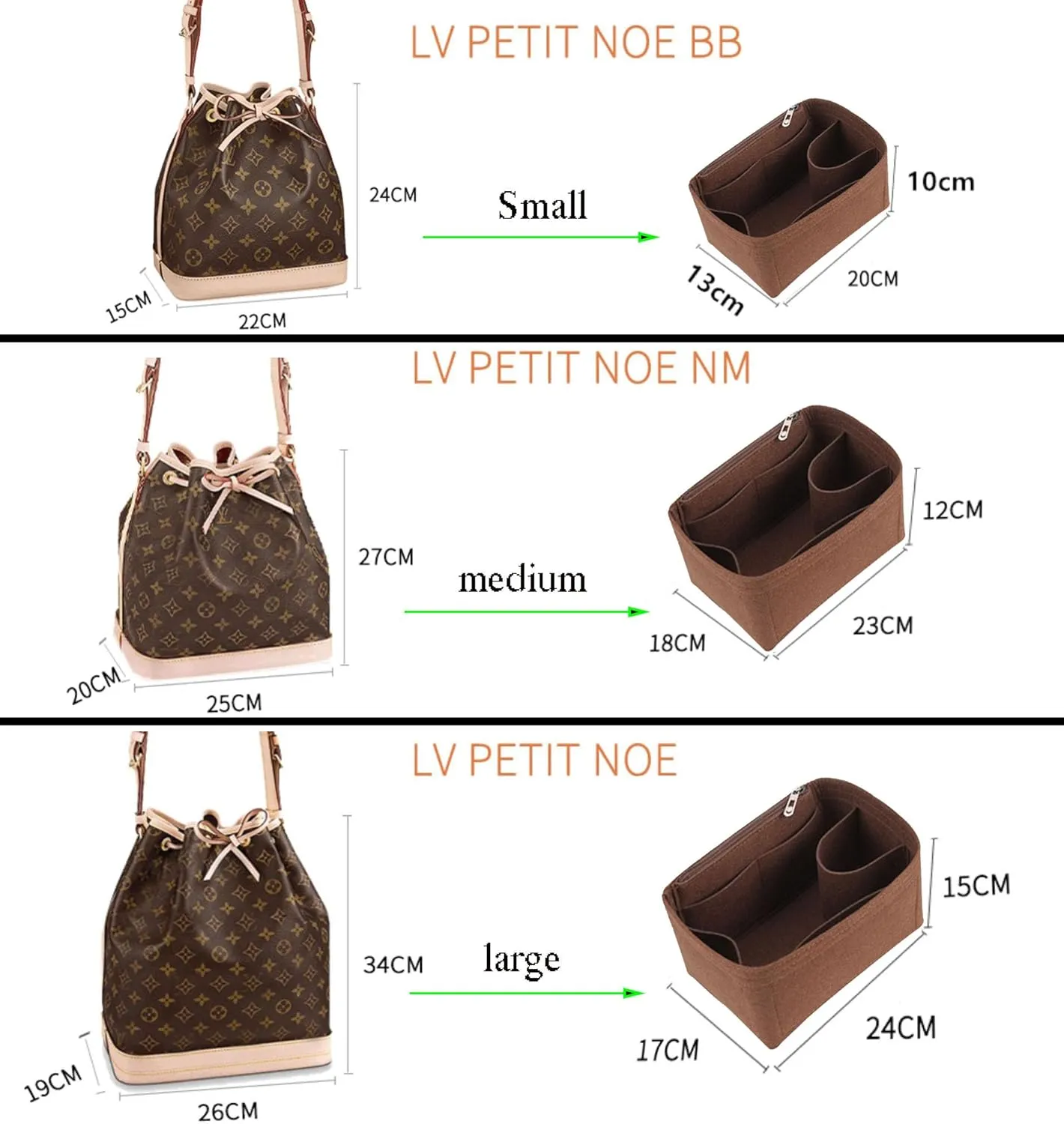 Lckaey Purse Organizer insert for LV NOE BB Petit NOE NM storage bag Organizer With Zipped pocket Y059coffee-Medium