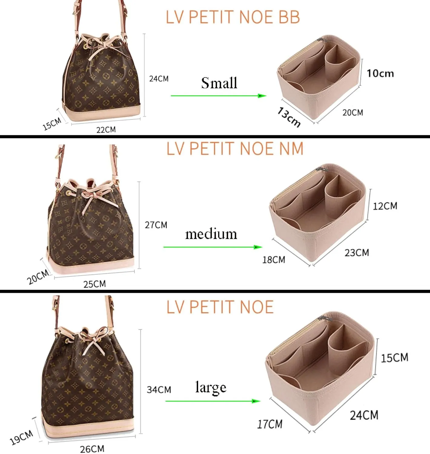 Lckaey Purse Organizer insert for LV NOE BB Petit NOE NM storage bag Organizer With Zipped pocket Y059khaki-Medium
