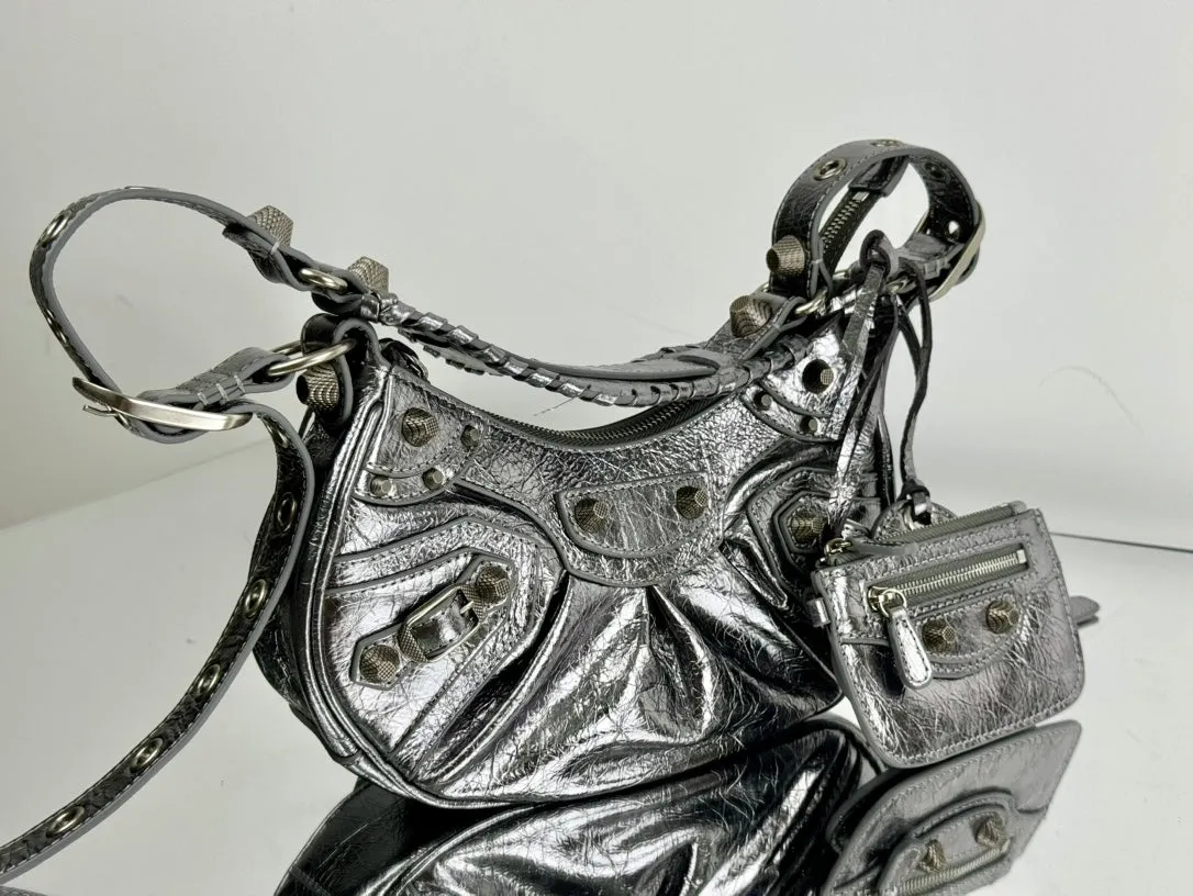 LE CAGOLE SMALL SHOULDER BAG 26 WITH RHINESTONES IN SILVER METALLIC ARENA LAMBSKIN