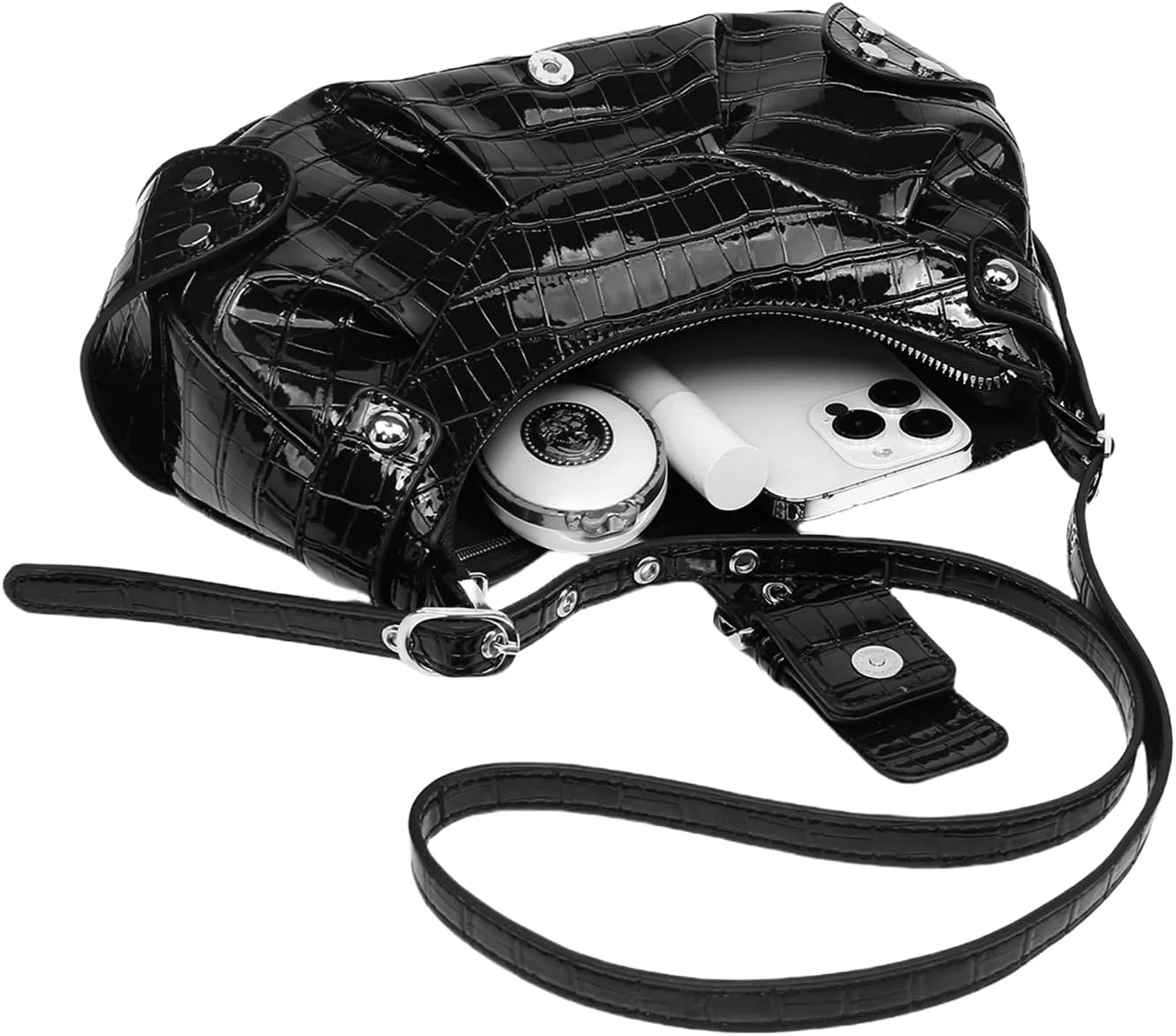 Leather Crocodile Print Shoulder Bag for Women Y2k Metallic Crossbody Bag with Rivet Punk Saddle Hobo Bag Underarm Purse
