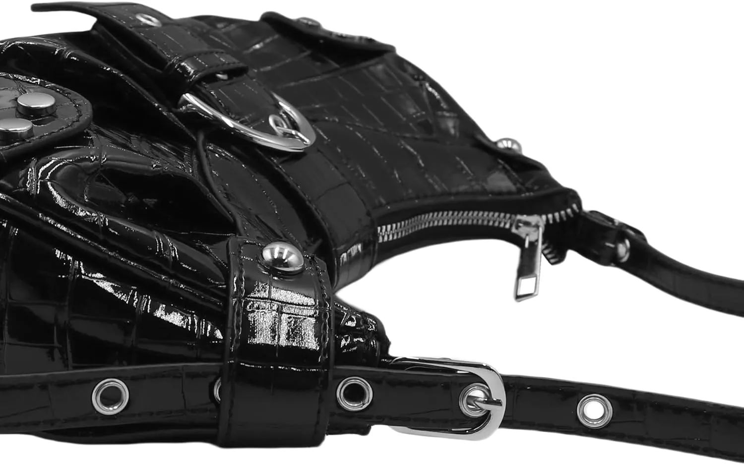 Leather Crocodile Print Shoulder Bag for Women Y2k Metallic Crossbody Bag with Rivet Punk Saddle Hobo Bag Underarm Purse