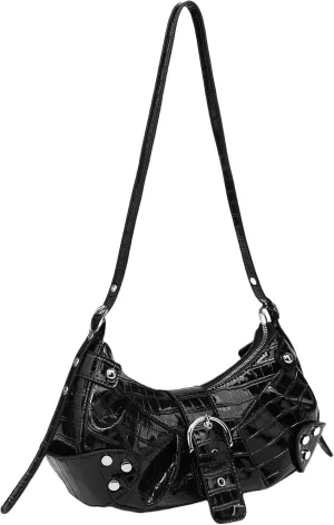 Leather Crocodile Print Shoulder Bag for Women Y2k Metallic Crossbody Bag with Rivet Punk Saddle Hobo Bag Underarm Purse