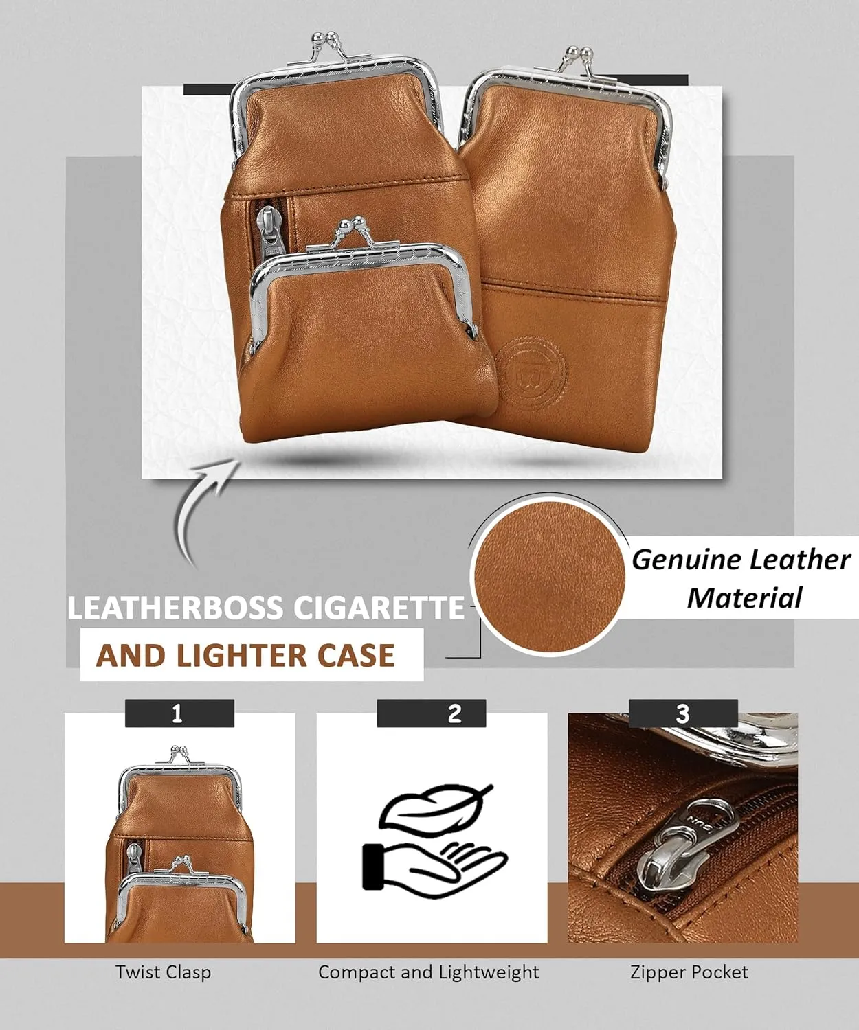 Leatherboss Leather Cigarette and Lighter Case with Hidden Zipper Pocket | Premium Handcrafted Design | Twist Clasp Closure | for Daily Use | Metallic Copper
