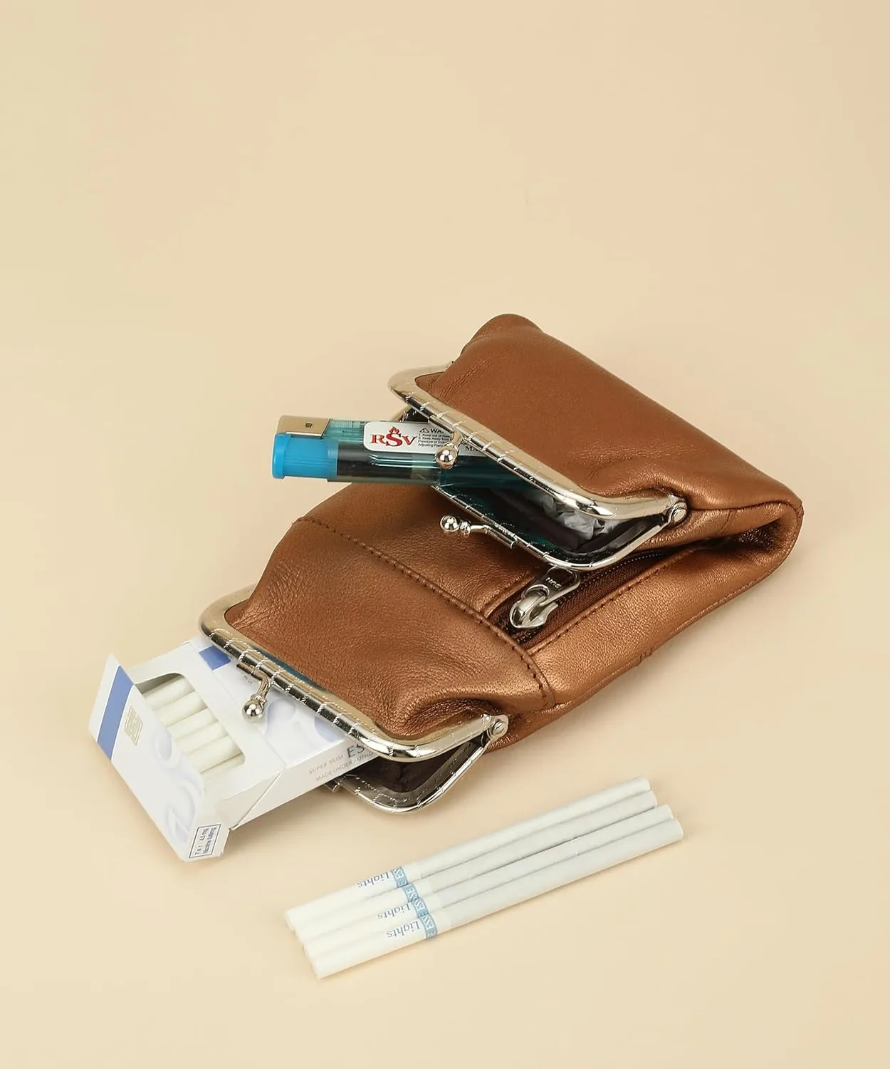 Leatherboss Leather Cigarette and Lighter Case with Hidden Zipper Pocket | Premium Handcrafted Design | Twist Clasp Closure | for Daily Use | Metallic Copper
