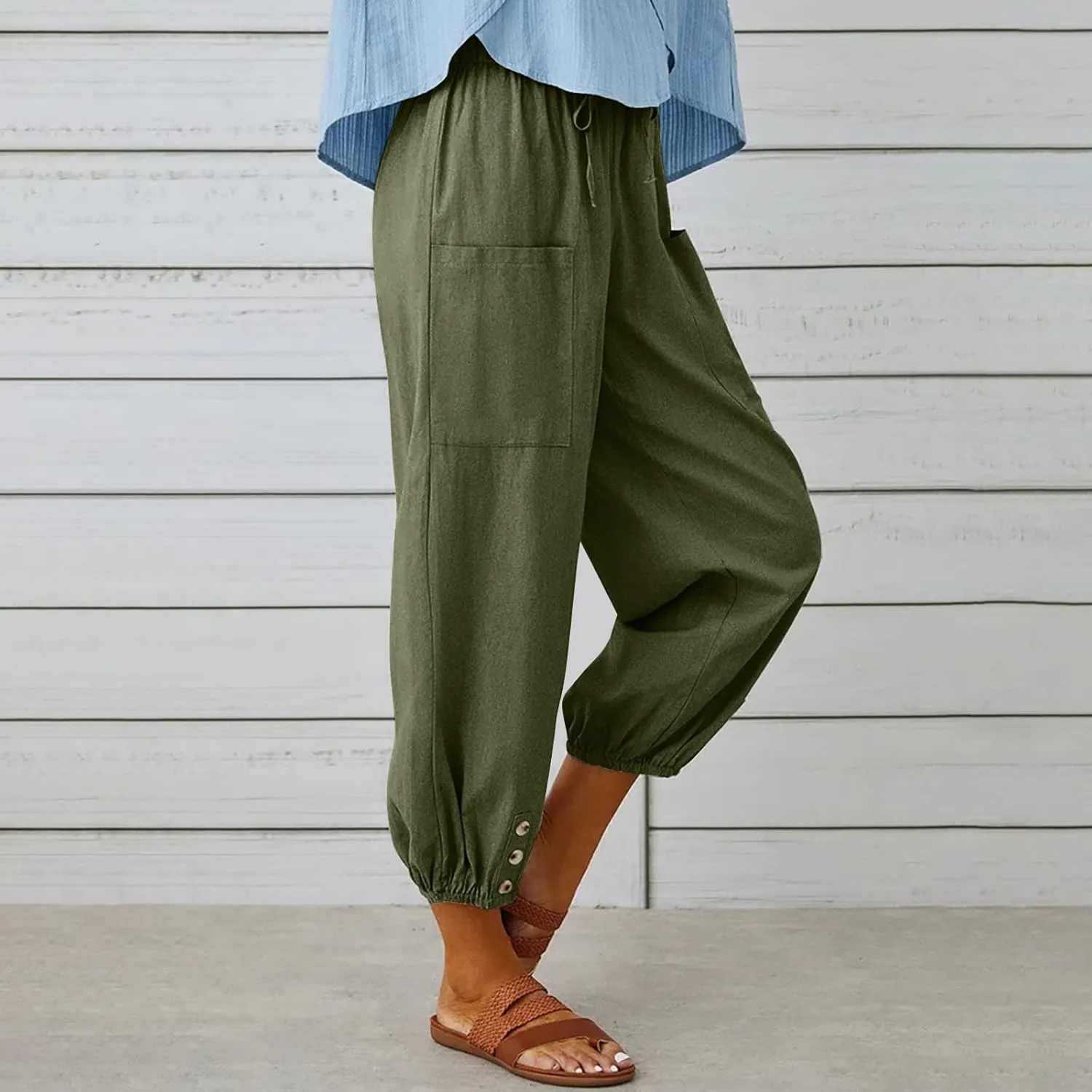 Linen Pants for Women Summer Elastic High Waist Lounge Pant Wide Leg Cropped Trousers Pocketed Beach Vacation Wear