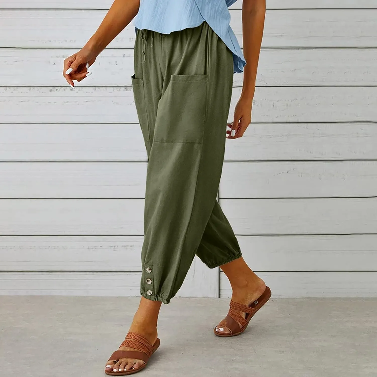 Linen Pants for Women Summer Elastic High Waist Lounge Pant Wide Leg Cropped Trousers Pocketed Beach Vacation Wear