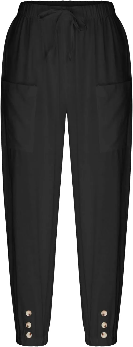 Linen Pants for Women Summer Elastic High Waist Lounge Pant Wide Leg Cropped Trousers Pocketed Beach Vacation Wear