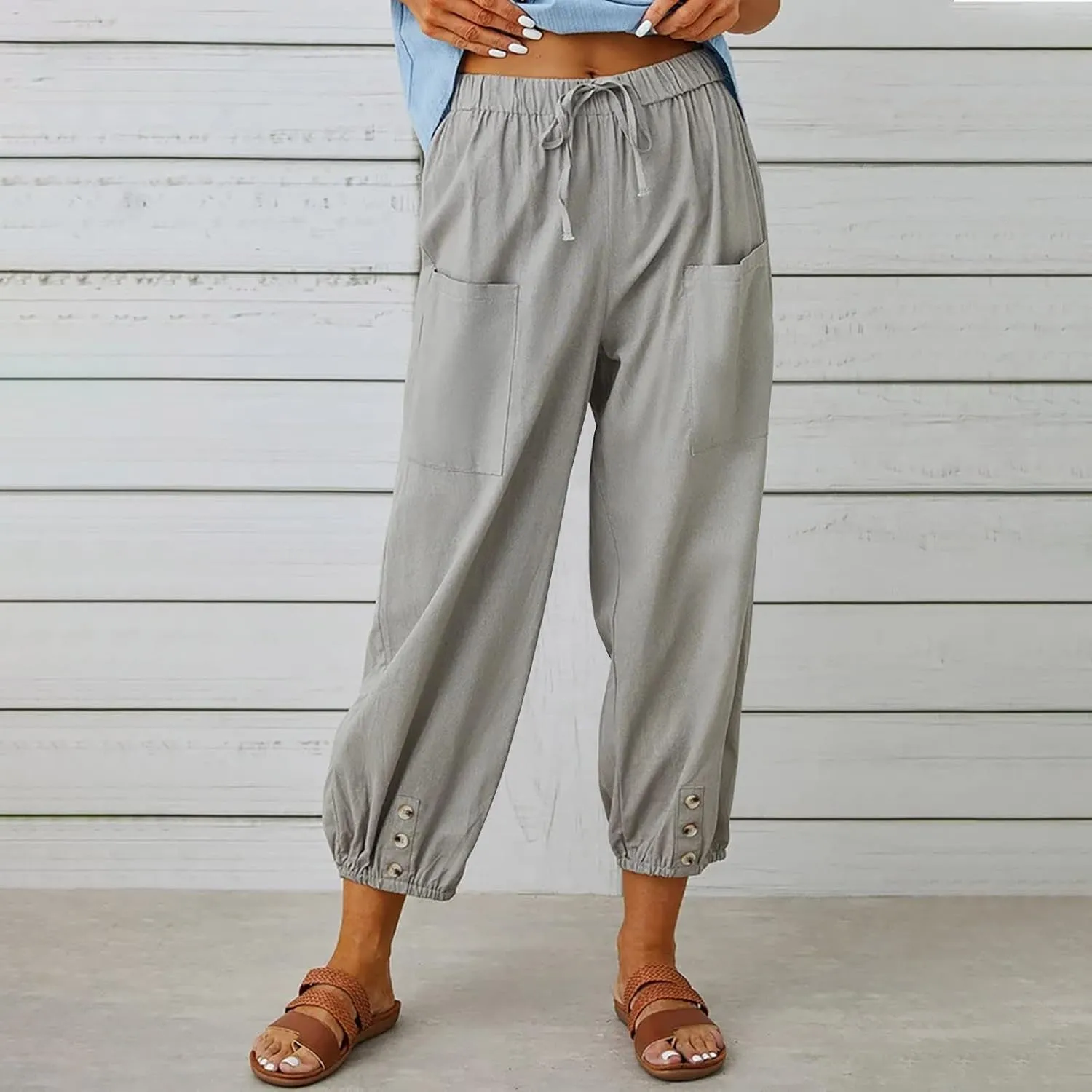 Linen Pants for Women Summer Elastic High Waist Lounge Pant Wide Leg Cropped Trousers Pocketed Beach Vacation Wear