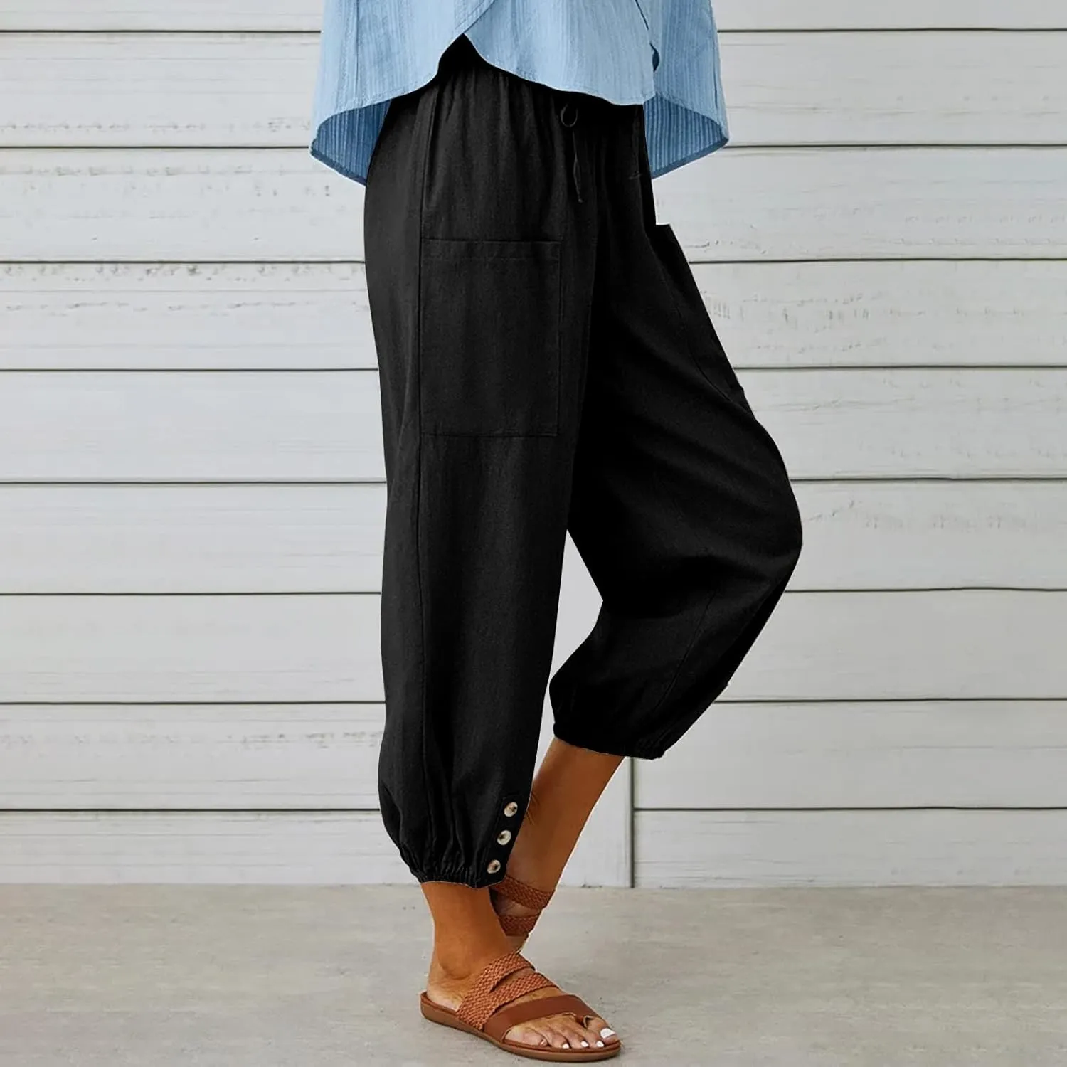 Linen Pants for Women Summer Elastic High Waist Lounge Pant Wide Leg Cropped Trousers Pocketed Beach Vacation Wear