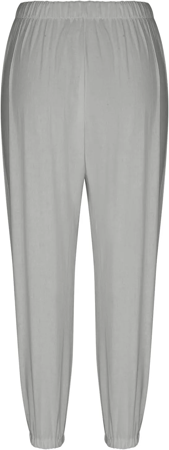 Linen Pants for Women Summer Elastic High Waist Lounge Pant Wide Leg Cropped Trousers Pocketed Beach Vacation Wear