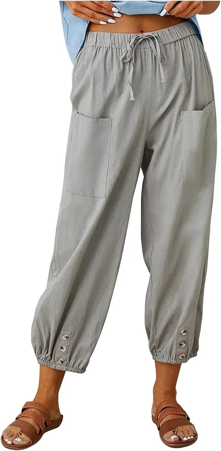 Linen Pants for Women Summer Elastic High Waist Lounge Pant Wide Leg Cropped Trousers Pocketed Beach Vacation Wear