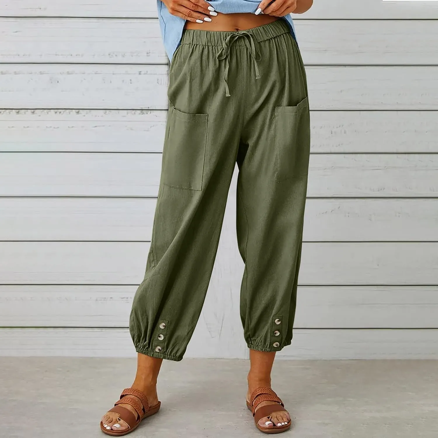 Linen Pants for Women Summer Elastic High Waist Lounge Pant Wide Leg Cropped Trousers Pocketed Beach Vacation Wear
