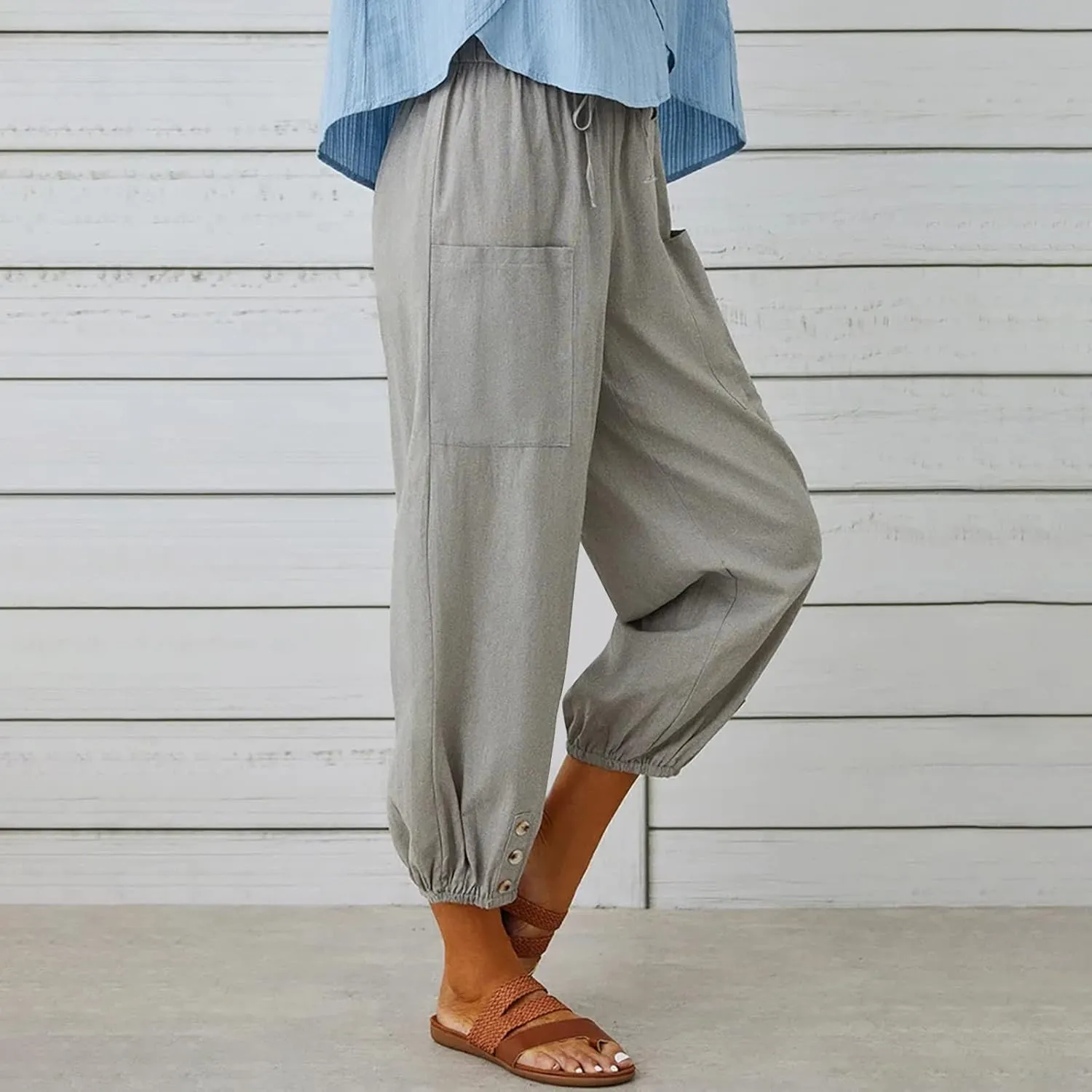 Linen Pants for Women Summer Elastic High Waist Lounge Pant Wide Leg Cropped Trousers Pocketed Beach Vacation Wear
