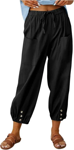 Linen Pants for Women Summer Elastic High Waist Lounge Pant Wide Leg Cropped Trousers Pocketed Beach Vacation Wear