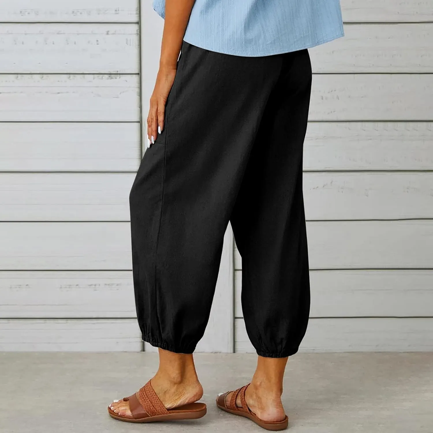 Linen Pants for Women Summer Elastic High Waist Lounge Pant Wide Leg Cropped Trousers Pocketed Beach Vacation Wear