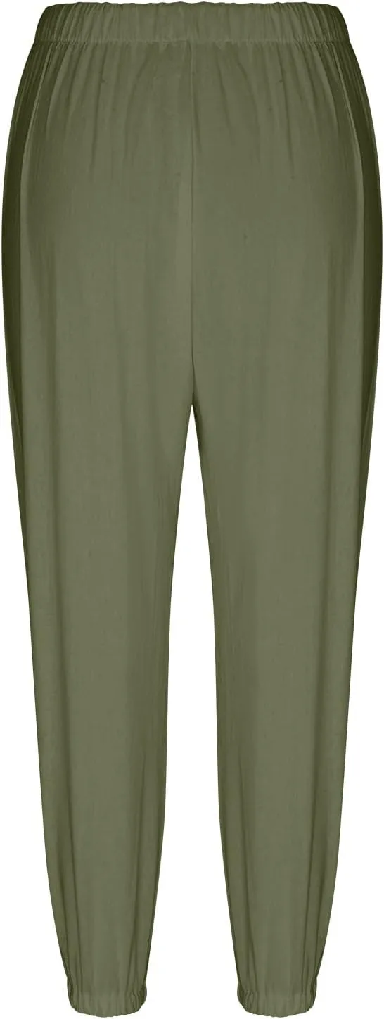 Linen Pants for Women Summer Elastic High Waist Lounge Pant Wide Leg Cropped Trousers Pocketed Beach Vacation Wear