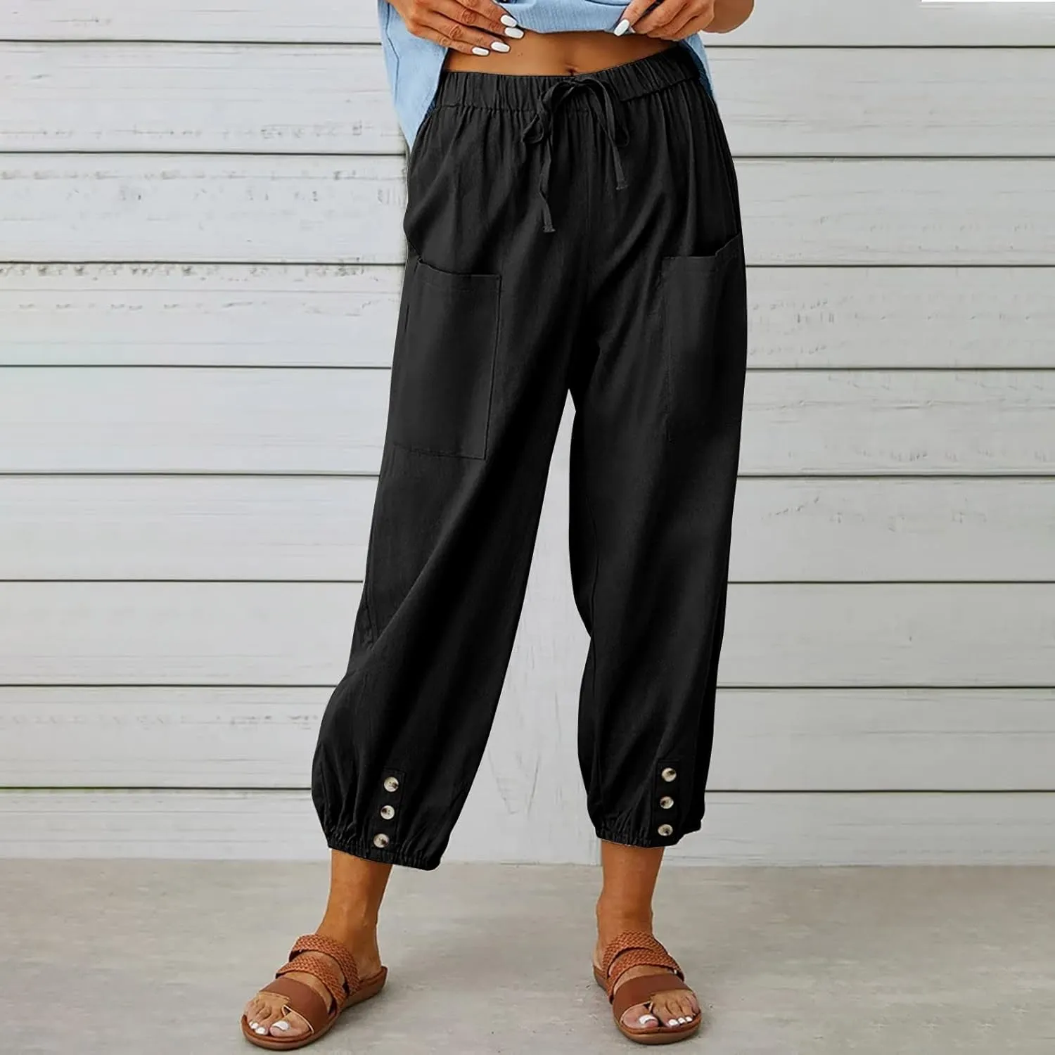Linen Pants for Women Summer Elastic High Waist Lounge Pant Wide Leg Cropped Trousers Pocketed Beach Vacation Wear