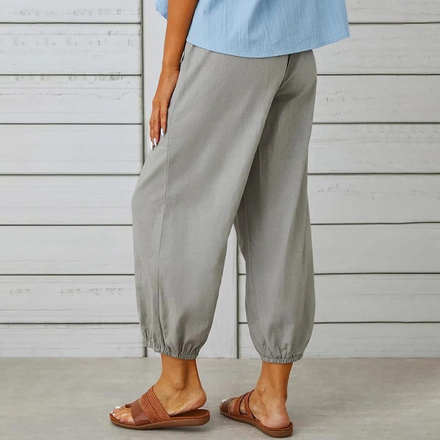 Linen Pants for Women Summer Elastic High Waist Lounge Pant Wide Leg Cropped Trousers Pocketed Beach Vacation Wear