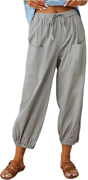 Linen Pants for Women Summer Elastic High Waist Lounge Pant Wide Leg Cropped Trousers Pocketed Beach Vacation Wear