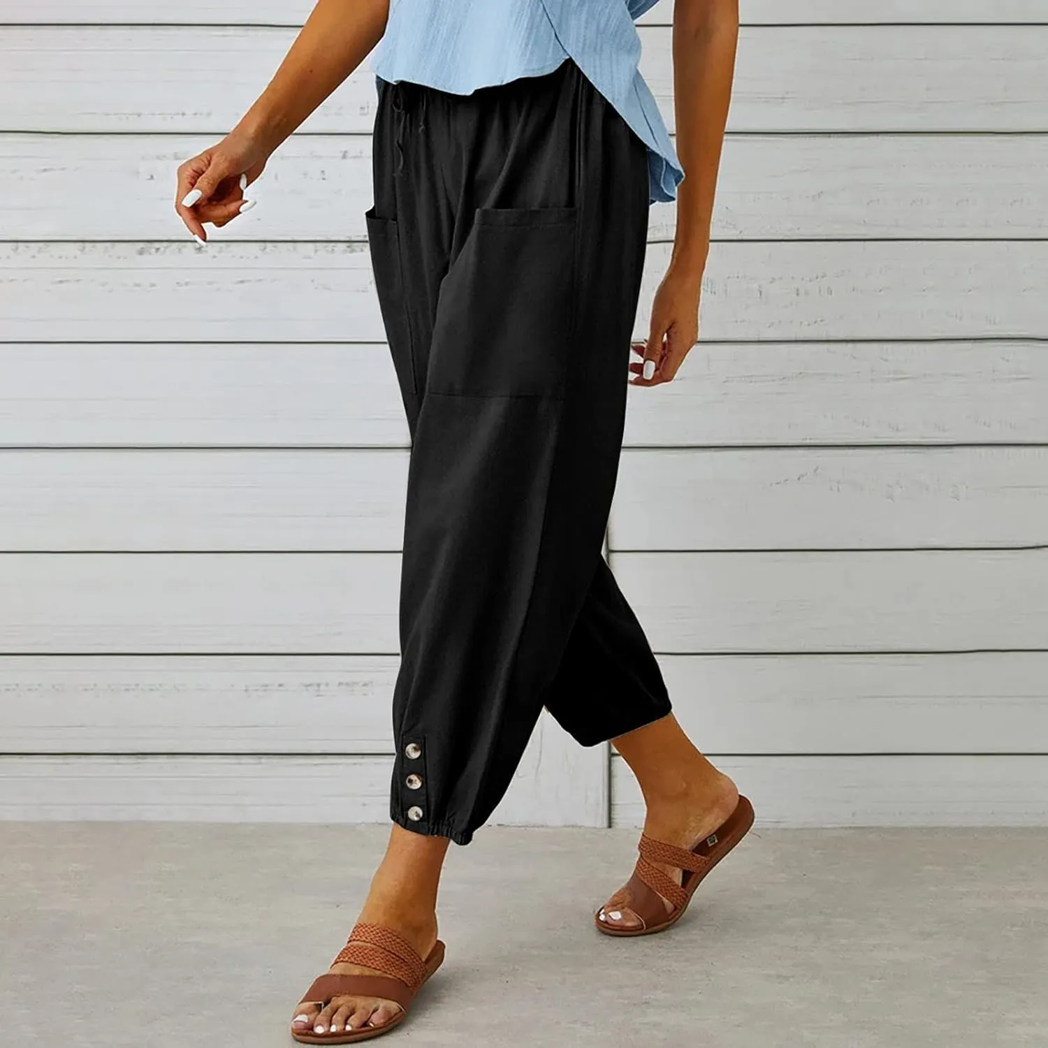 Linen Pants for Women Summer Elastic High Waist Lounge Pant Wide Leg Cropped Trousers Pocketed Beach Vacation Wear