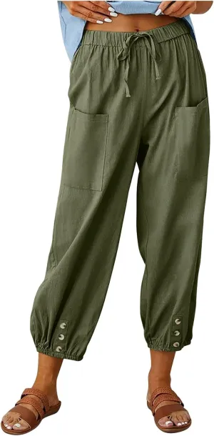 Linen Pants for Women Summer Elastic High Waist Lounge Pant Wide Leg Cropped Trousers Pocketed Beach Vacation Wear