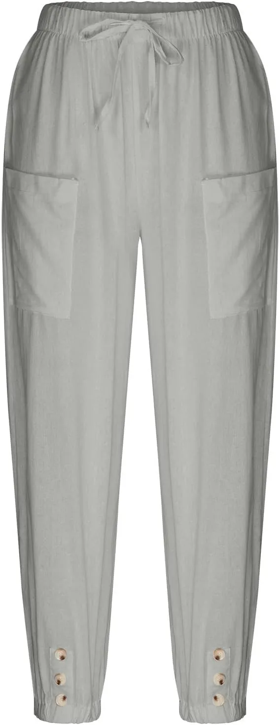 Linen Pants for Women Summer Elastic High Waist Lounge Pant Wide Leg Cropped Trousers Pocketed Beach Vacation Wear