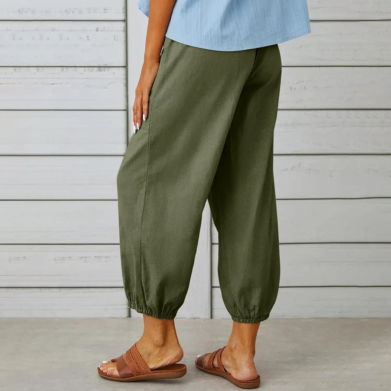 Linen Pants for Women Summer Elastic High Waist Lounge Pant Wide Leg Cropped Trousers Pocketed Beach Vacation Wear