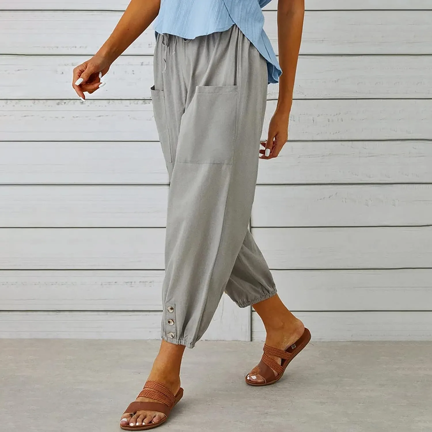 Linen Pants for Women Summer Elastic High Waist Lounge Pant Wide Leg Cropped Trousers Pocketed Beach Vacation Wear