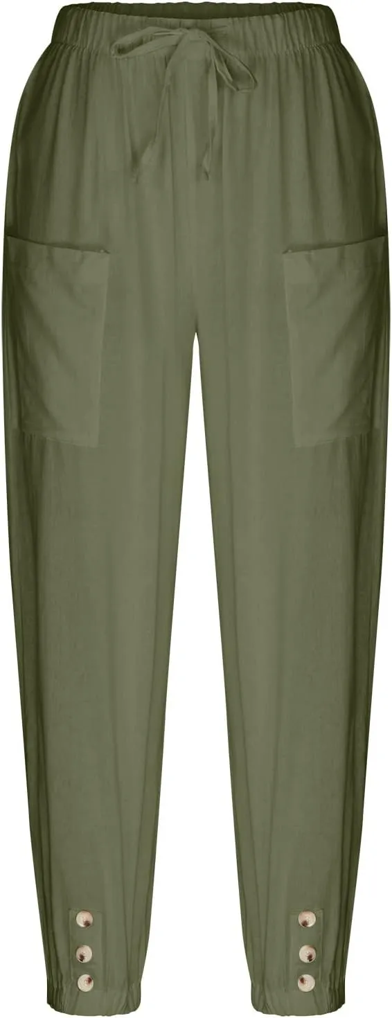 Linen Pants for Women Summer Elastic High Waist Lounge Pant Wide Leg Cropped Trousers Pocketed Beach Vacation Wear