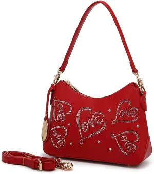 Love Rhinestone Hobo Bag, Elegant and Chic Shoulder Handbag for Women Leather Resistant Purse