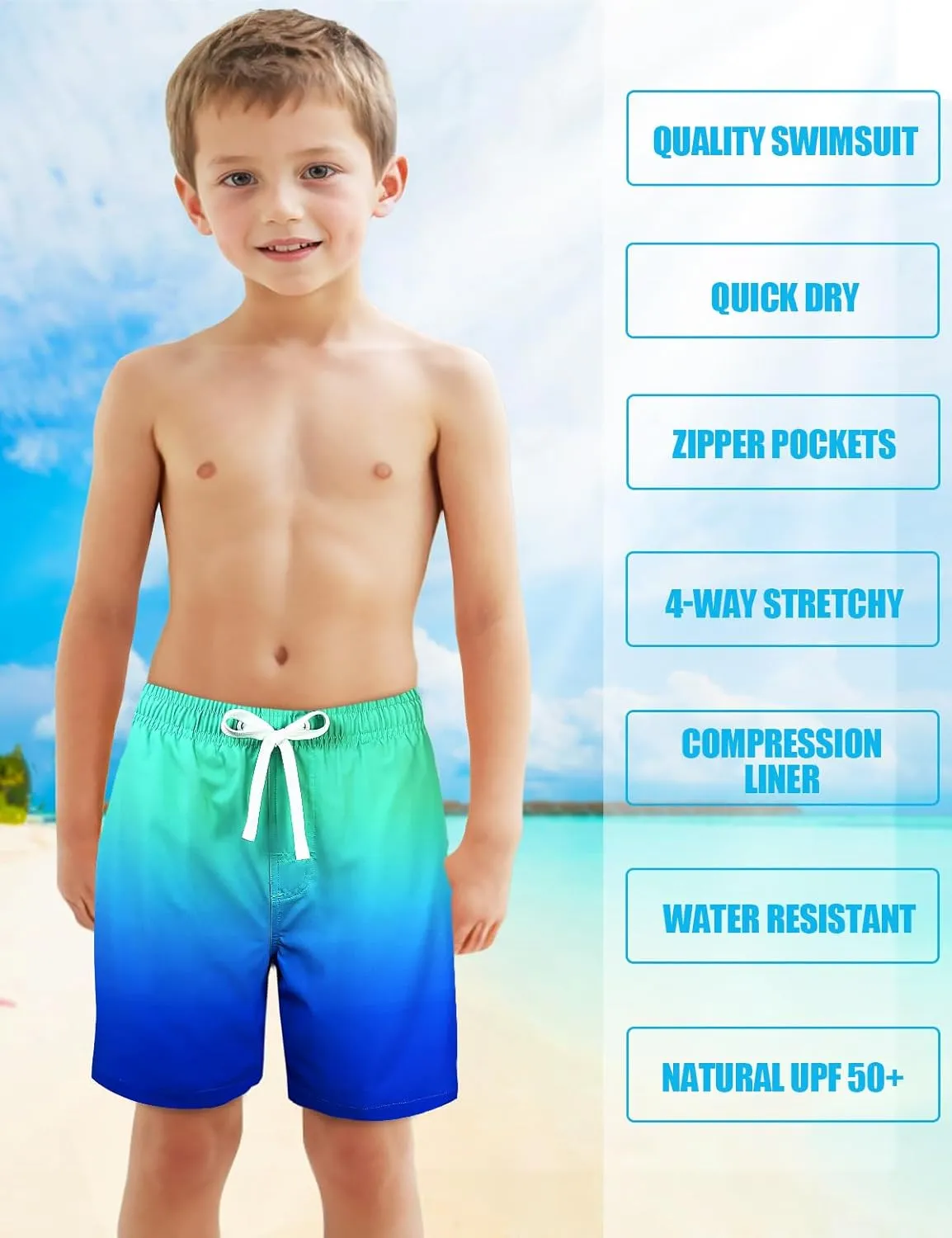 LUCOWEE Boys Swim Trunks Zipper Pockets Compression Liner Anti Chafe Swimsuit Bathing Beach Shorts Surf Quick Dry UPF 50 