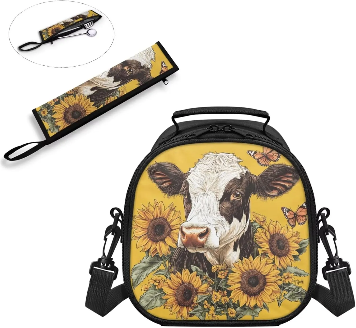 Lunch Bag Kids Cow Sunflower Crossbody Lunch Tote with Adjustable Strap Tableware Carrying Bag for Straw Spoon Fork Chopsticks 2 Pack Lunch Box Bag for Camping