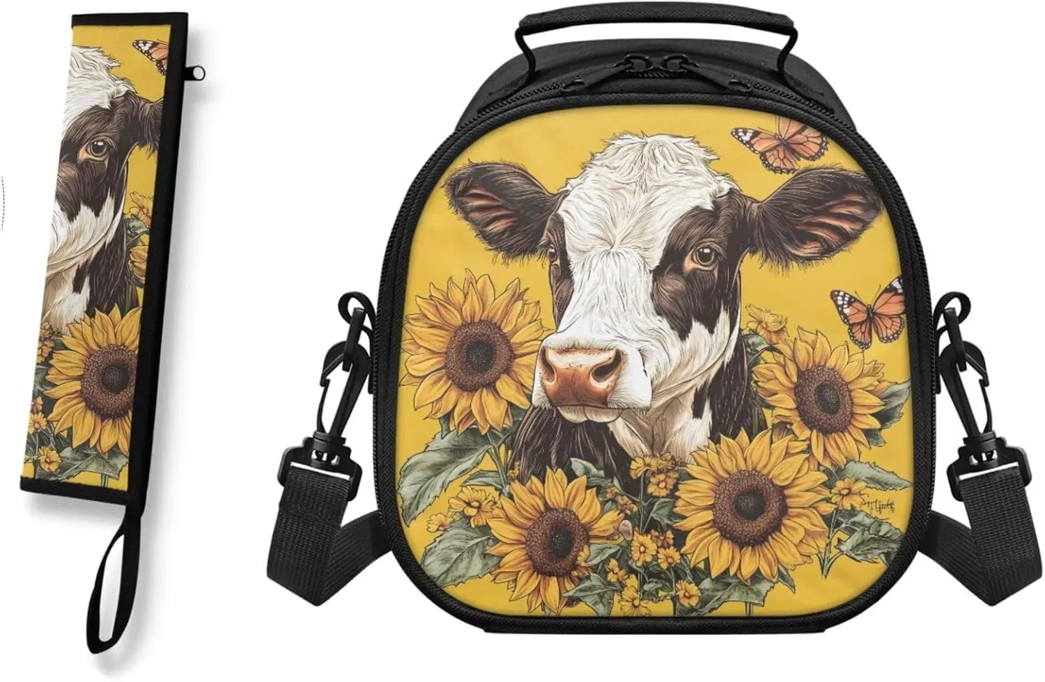 Lunch Bag Kids Cow Sunflower Crossbody Lunch Tote with Adjustable Strap Tableware Carrying Bag for Straw Spoon Fork Chopsticks 2 Pack Lunch Box Bag for Camping