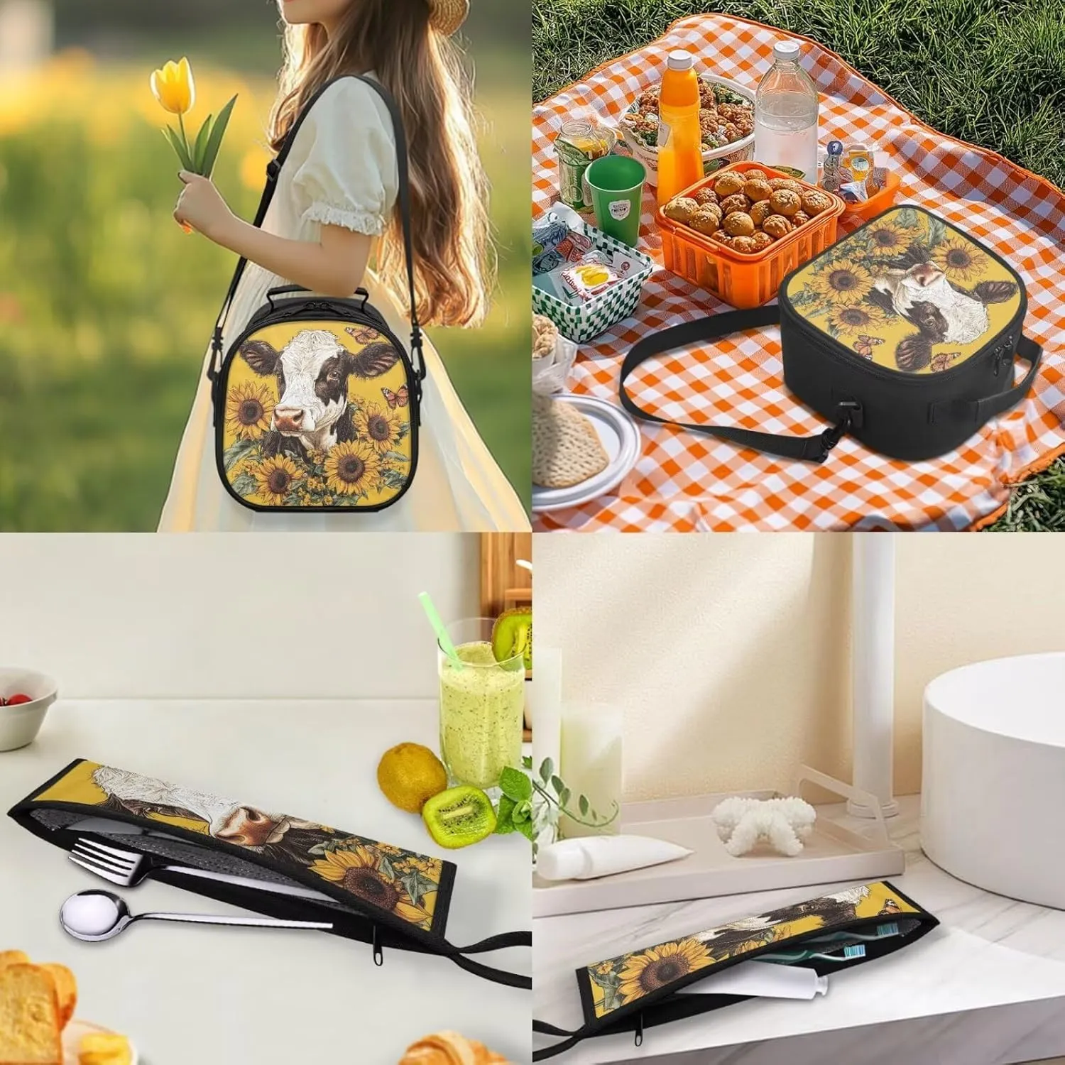 Lunch Bag Kids Cow Sunflower Crossbody Lunch Tote with Adjustable Strap Tableware Carrying Bag for Straw Spoon Fork Chopsticks 2 Pack Lunch Box Bag for Camping