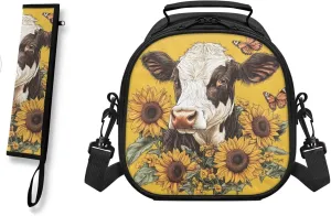 Lunch Bag Kids Cow Sunflower Crossbody Lunch Tote with Adjustable Strap Tableware Carrying Bag for Straw Spoon Fork Chopsticks 2 Pack Lunch Box Bag for Camping