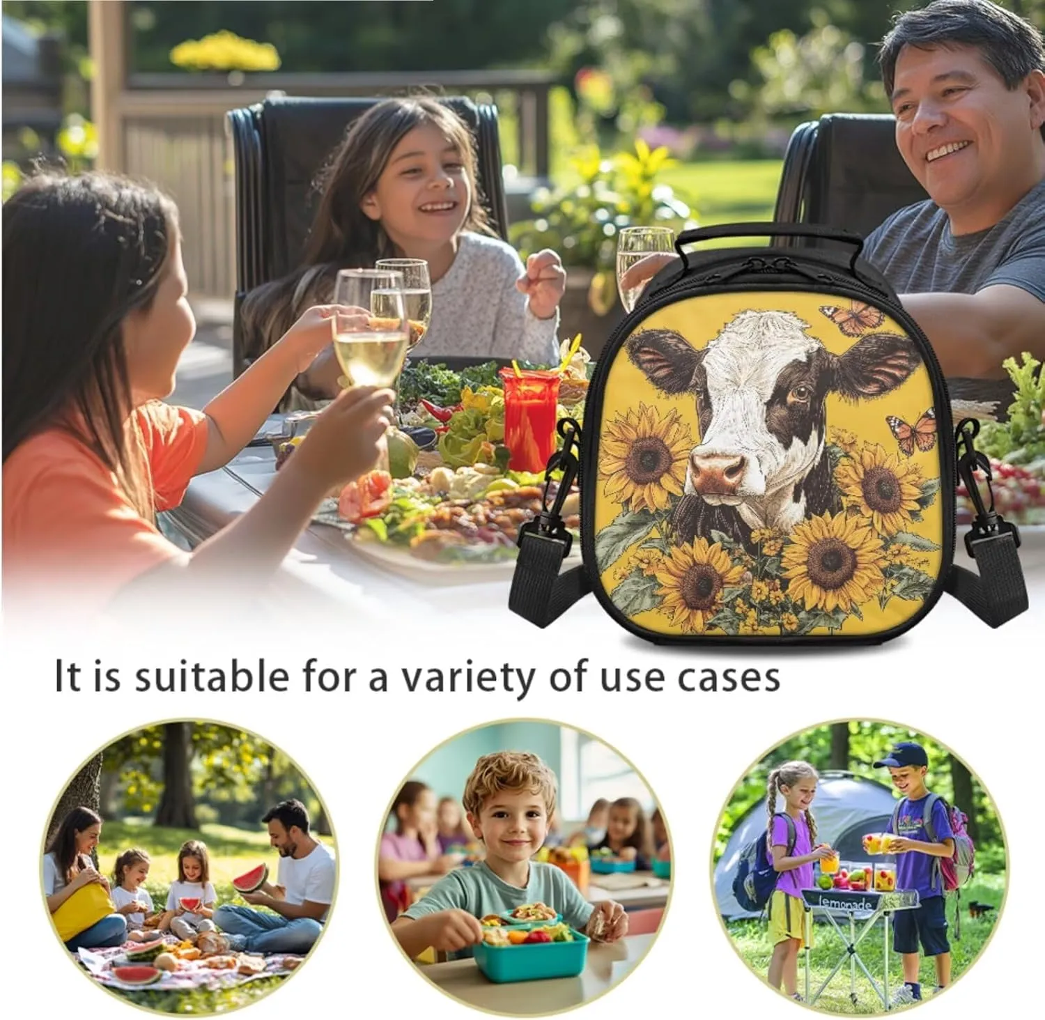 Lunch Bag Kids Cow Sunflower Crossbody Lunch Tote with Adjustable Strap Tableware Carrying Bag for Straw Spoon Fork Chopsticks 2 Pack Lunch Box Bag for Camping
