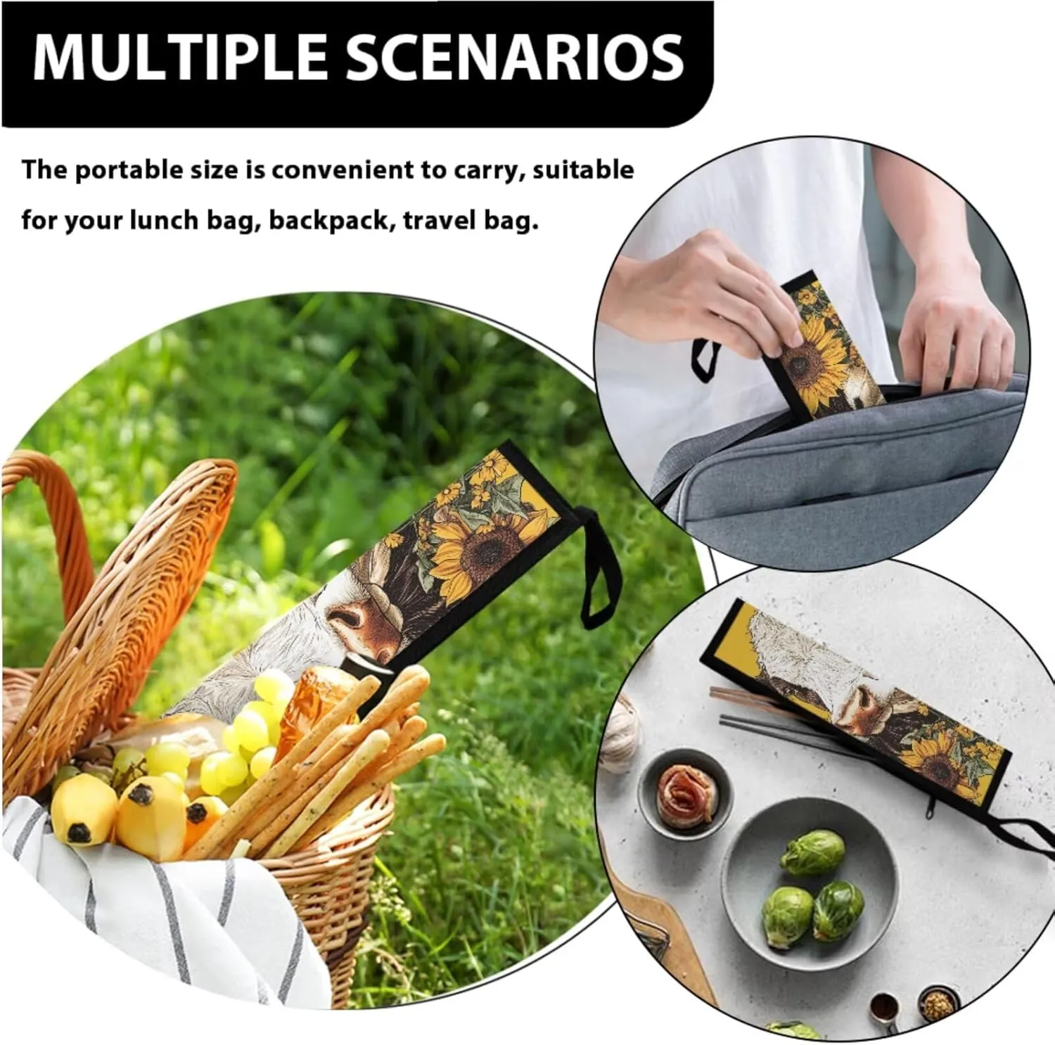 Lunch Bag Kids Cow Sunflower Crossbody Lunch Tote with Adjustable Strap Tableware Carrying Bag for Straw Spoon Fork Chopsticks 2 Pack Lunch Box Bag for Camping