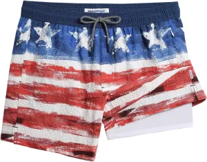 maamgic Men's Swim Trunks 5.5 inch Seersucker 2 in 1 Beach Shorts Quick Dry Bathing Suits with Compression Liner