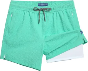 maamgic Men's Swim Trunks 5.5 inch Seersucker 2 in 1 Beach Shorts Quick Dry Bathing Suits with Compression Liner