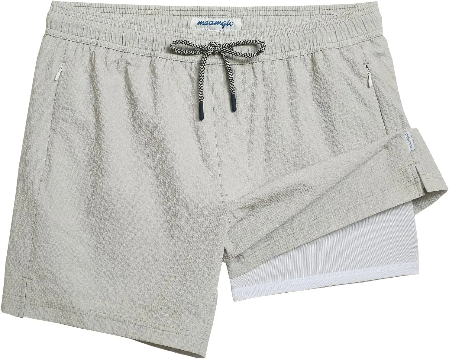 maamgic Men's Swim Trunks 5.5 inch Seersucker 2 in 1 Beach Shorts Quick Dry Bathing Suits with Compression Liner
