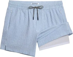 maamgic Men's Swim Trunks 5.5 inch Seersucker 2 in 1 Beach Shorts Quick Dry Bathing Suits with Compression Liner
