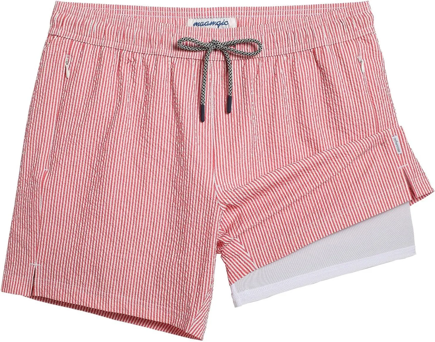maamgic Men's Swim Trunks 5.5 inch Seersucker 2 in 1 Beach Shorts Quick Dry Bathing Suits with Compression Liner
