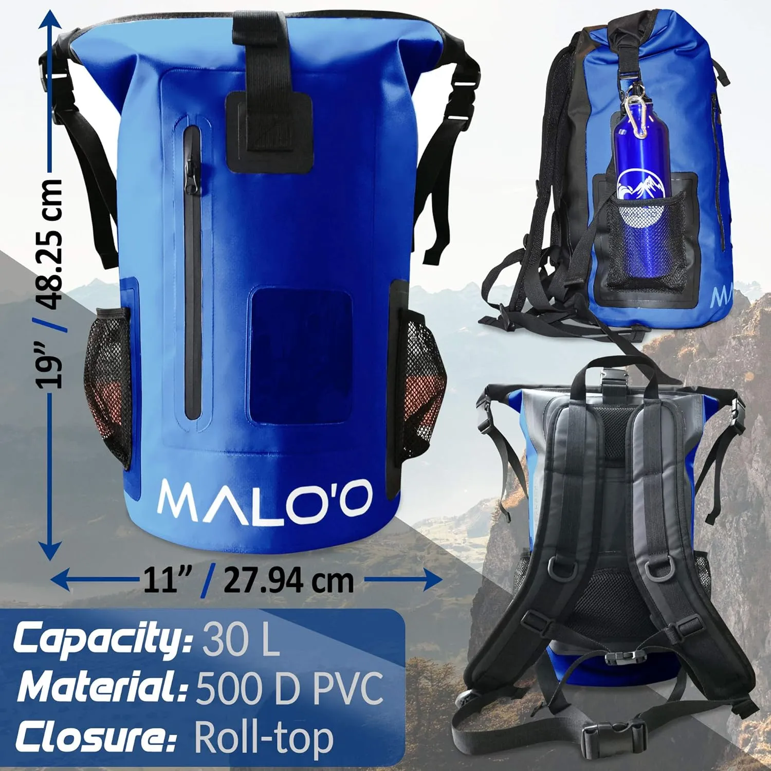 Malo'o 30L Waterproof Roll-Top Backpack - Ideal for Beach, Backpacking, Fishing, and Kayaking - Heavy-Duty Beach and Boat Accessory