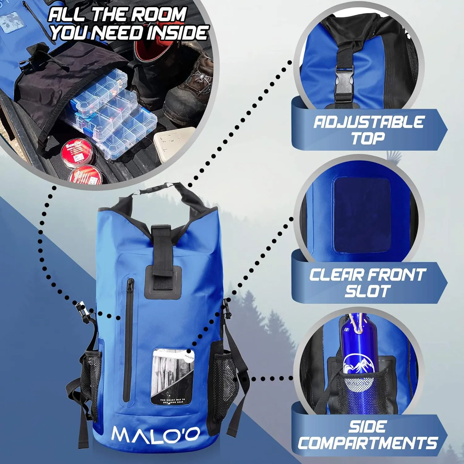 Malo'o 30L Waterproof Roll-Top Backpack - Ideal for Beach, Backpacking, Fishing, and Kayaking - Heavy-Duty Beach and Boat Accessory
